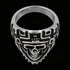 Overheard view of stainless steel men's skull Aztec death mask ring facing left.