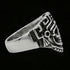 Side view of stainless steel men's skull Aztec death mask ring facing right.