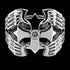 Front view of a winged barbed cross stainless steel men's ring.