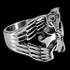 Side view of a winged barbed cross stainless steel men's ring facing right.