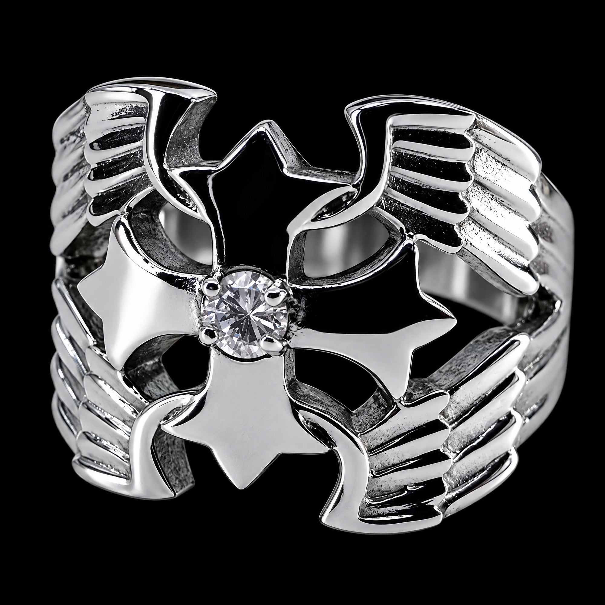 Winged Barbed Cross Stainless Steel Men's Ring