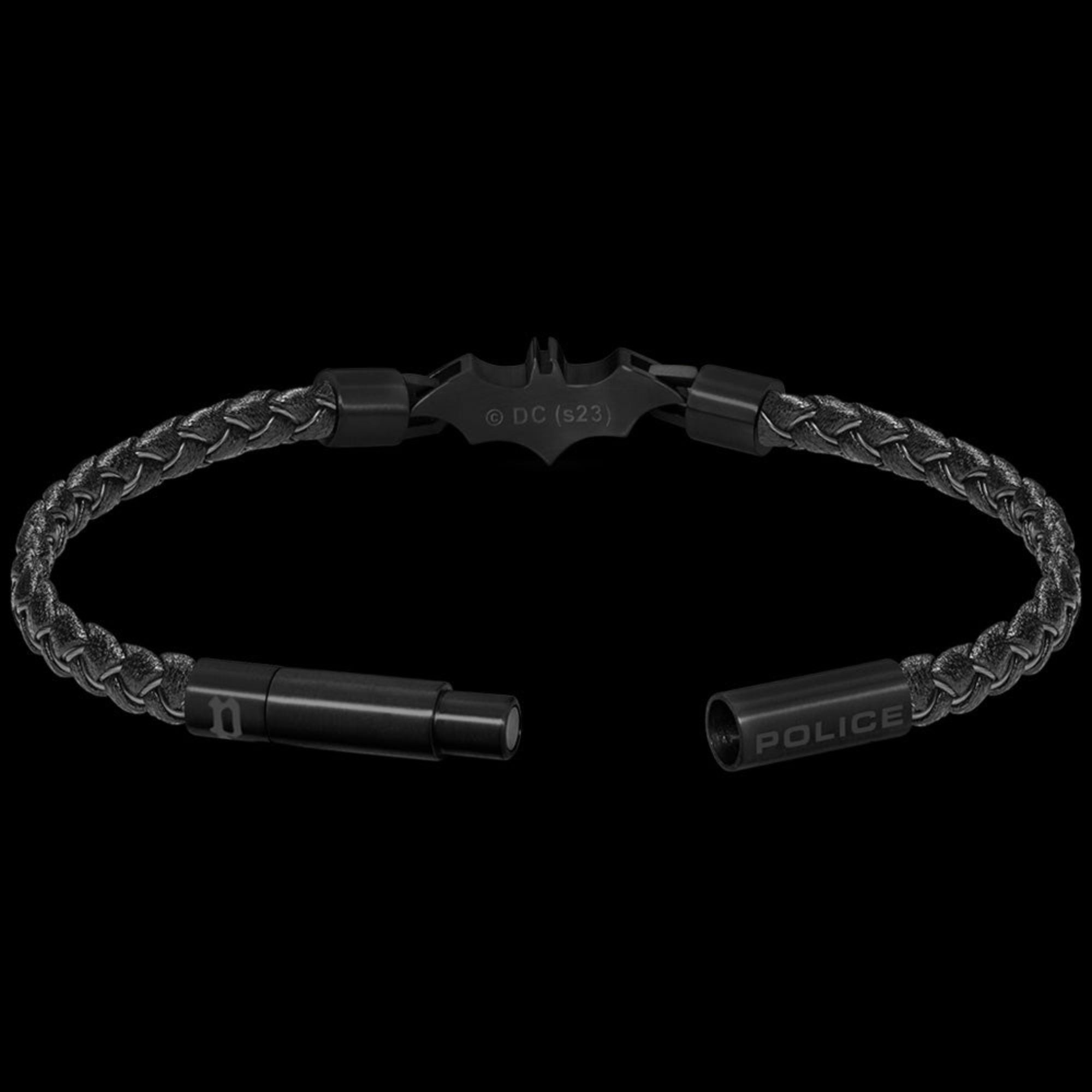 Back view of Police Batman batarang black limited edition bracelet with clasp open.