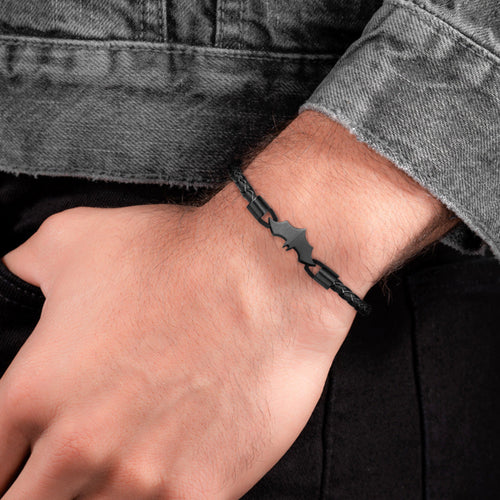 Man wearing Police Batman batarang black limited edition bracelet.