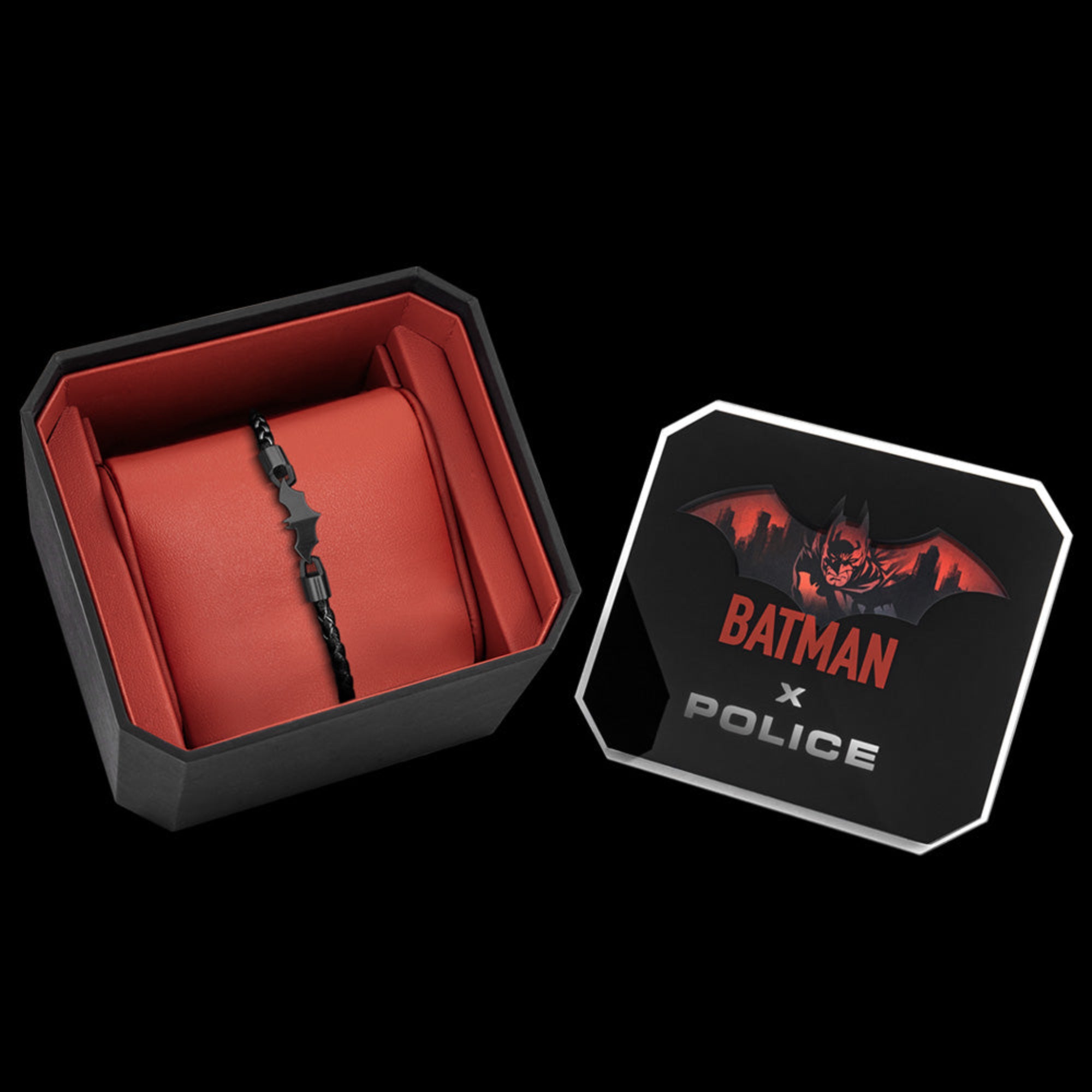 Collectable packaging for Police Batman batarang black limited edition bracelet.