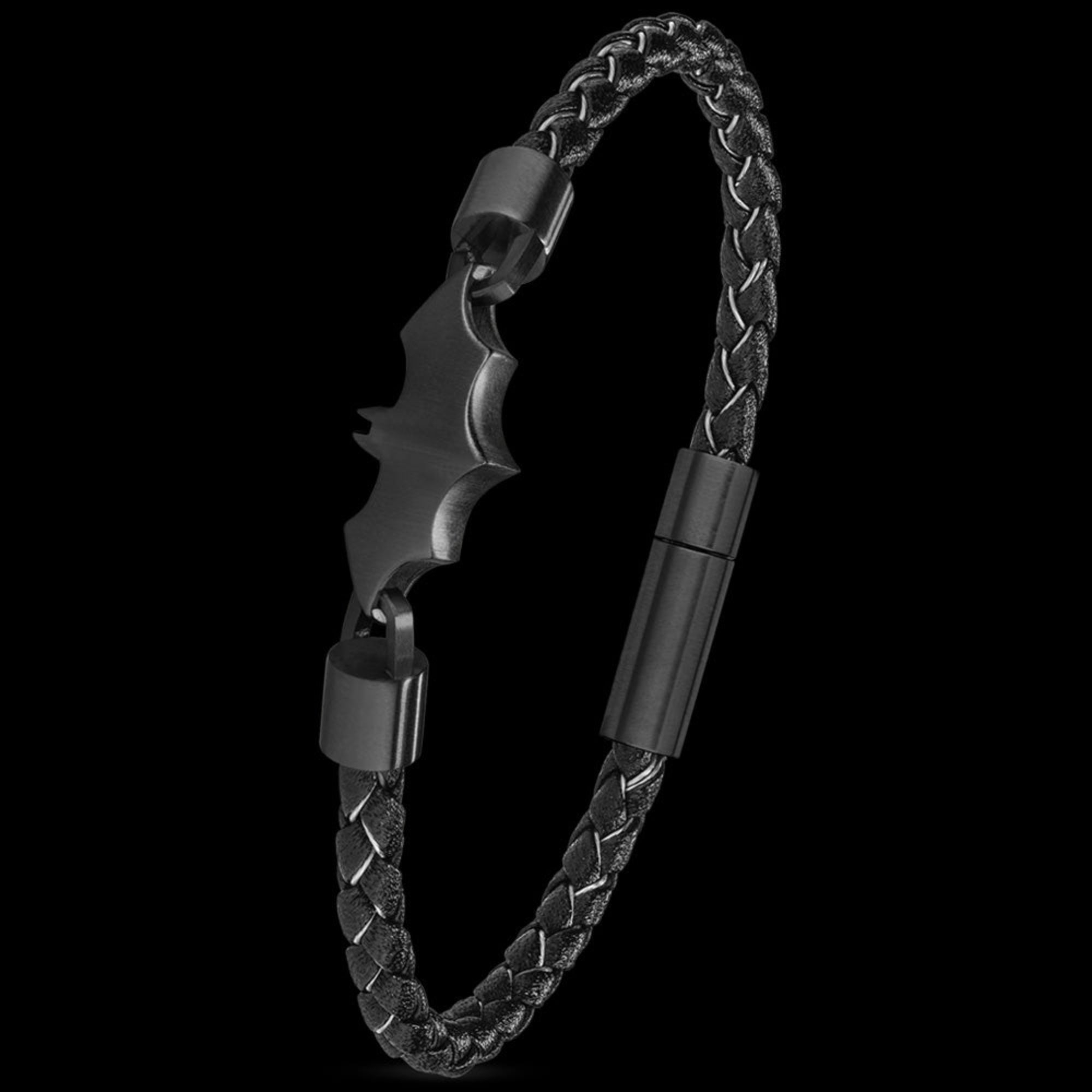 Tilted side view of Police Batman batarang black limited edition bracelet with clasp open.