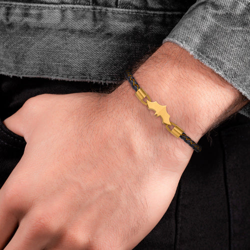 Man wearing Police Batman batarang gold limited edition bracelet.