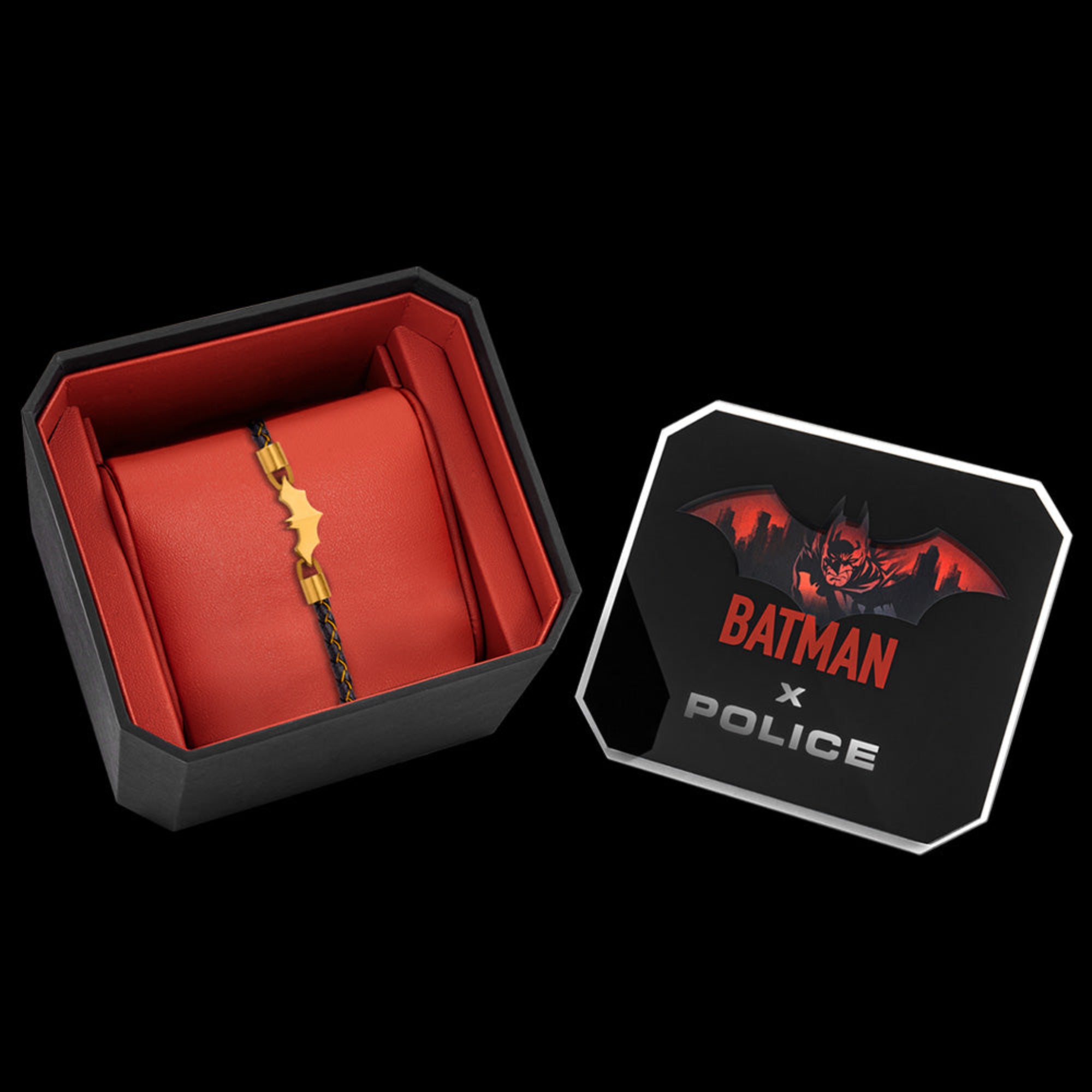 Collectable packaging for Police Batman batarang gold limited edition bracelet.