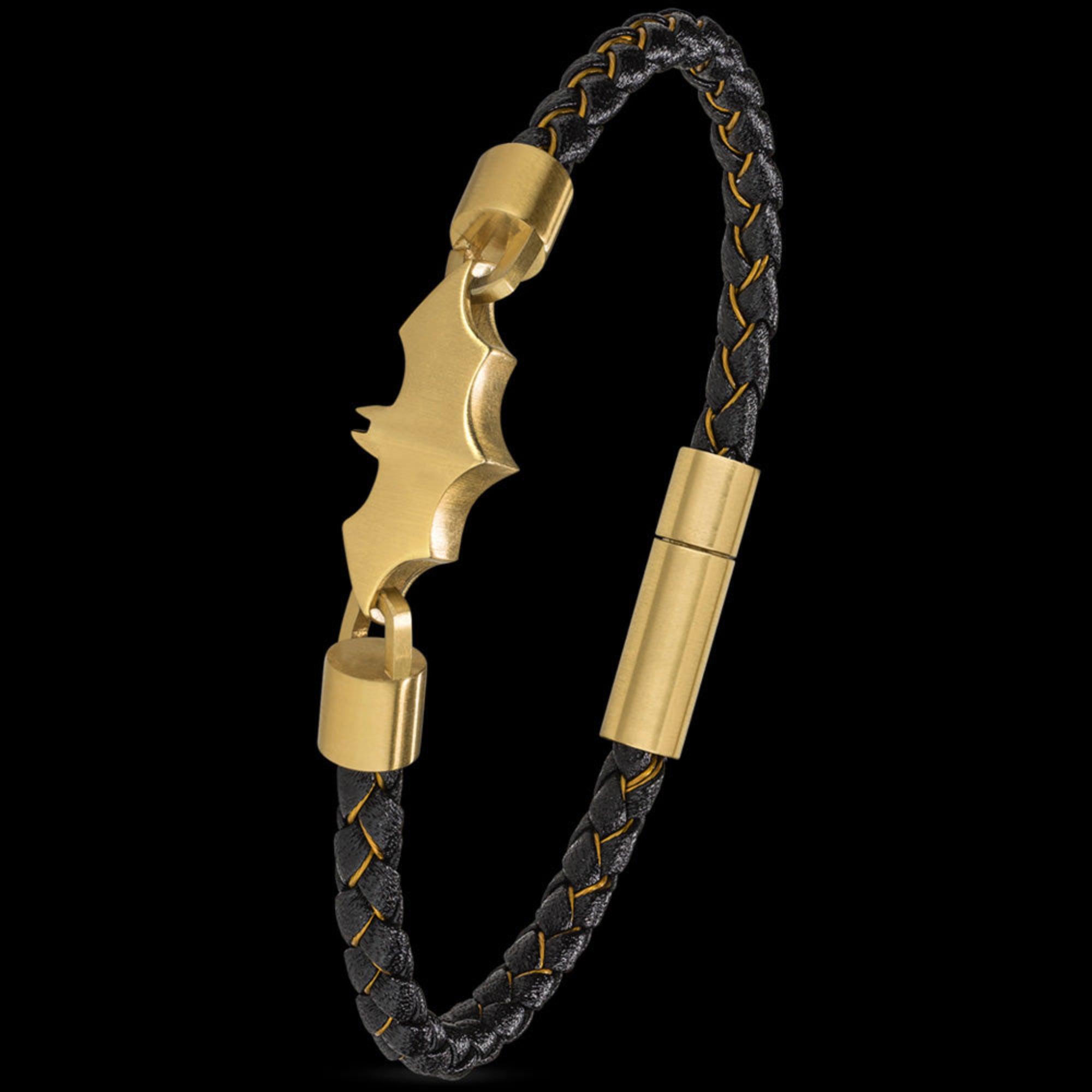 Tilted side view of Police Batman batarang gold limited edition bracelet with clasp open.