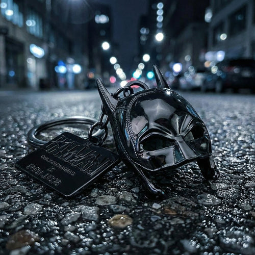 Batman cowl mask black steel keyring in the middle of a street on a dark night.