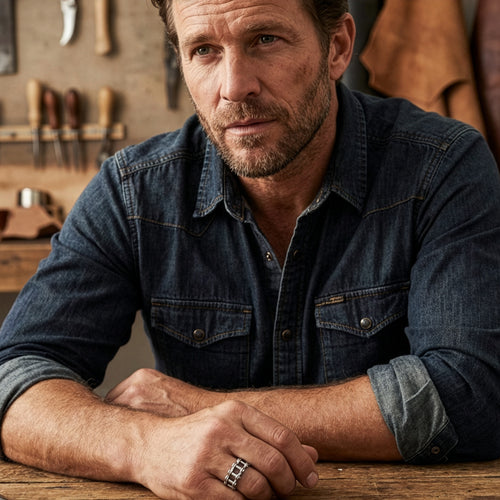 Man leaning on a wooden table wearing a stainless steel men's industrial bike chain ring.