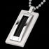 Angle view of a black cable steel dog tag men's necklace.