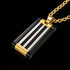 Angled view of a black and gold steel cable dog tag men's necklace.