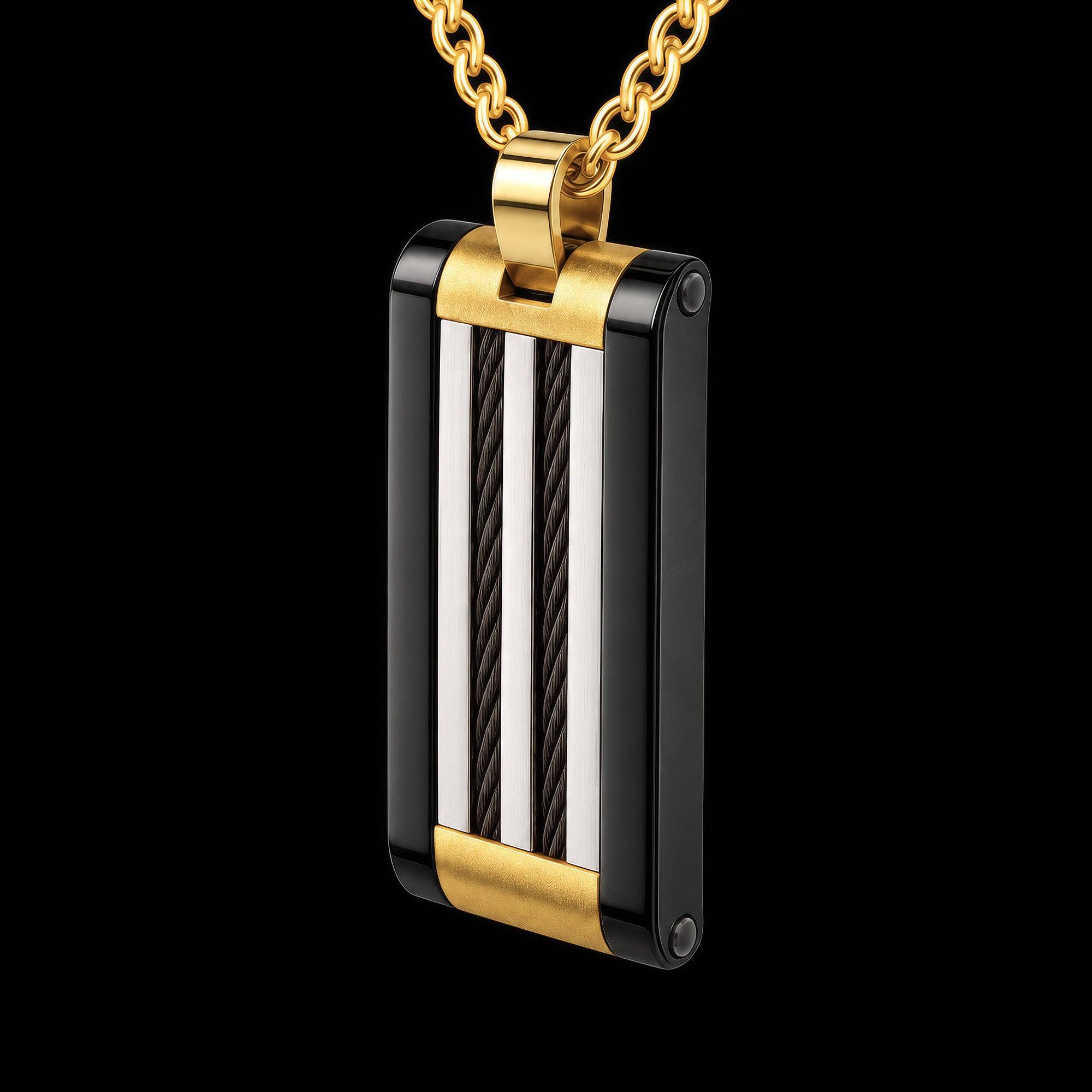 Side tilt view of a black and gold steel cable dog tag men's necklace.