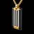 Side tilt view of a black and gold steel cable dog tag men's necklace.