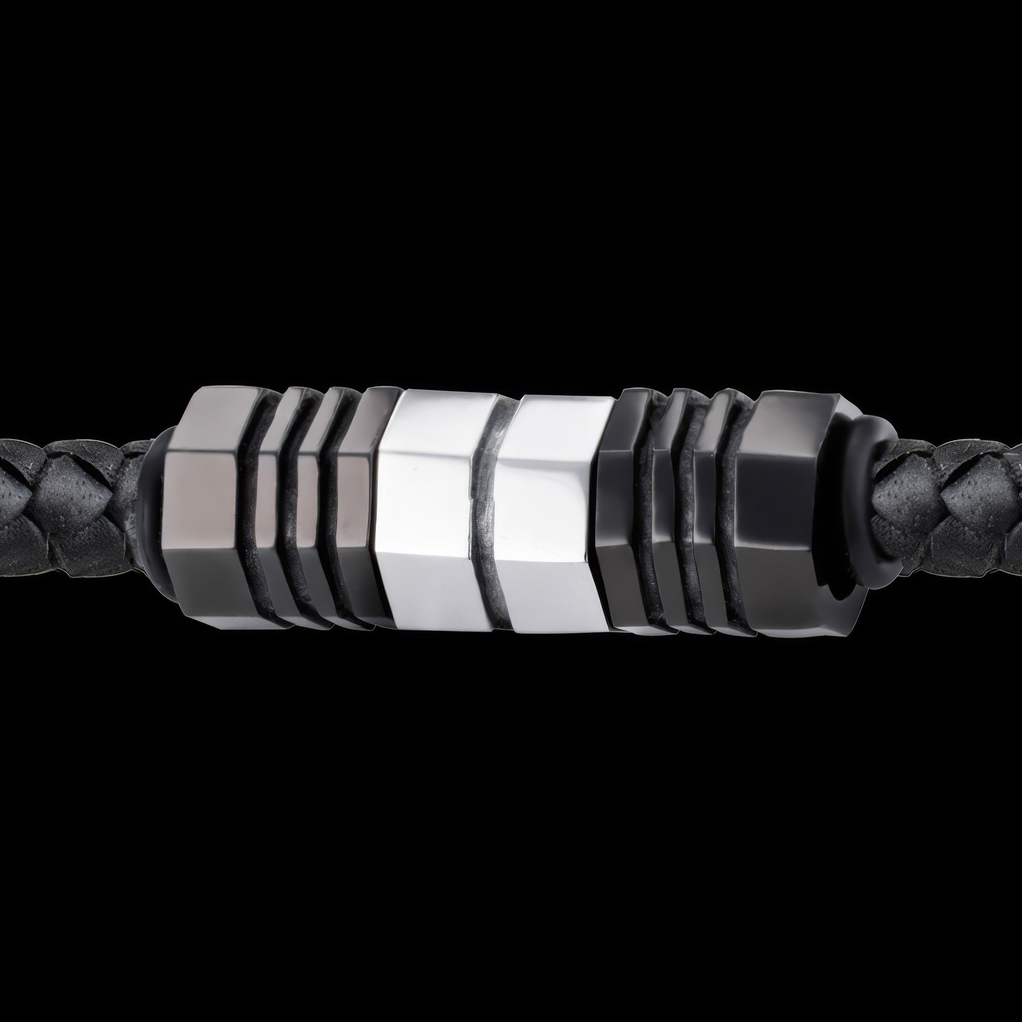 Close-up of Save Brave black leather men's bead necklace.