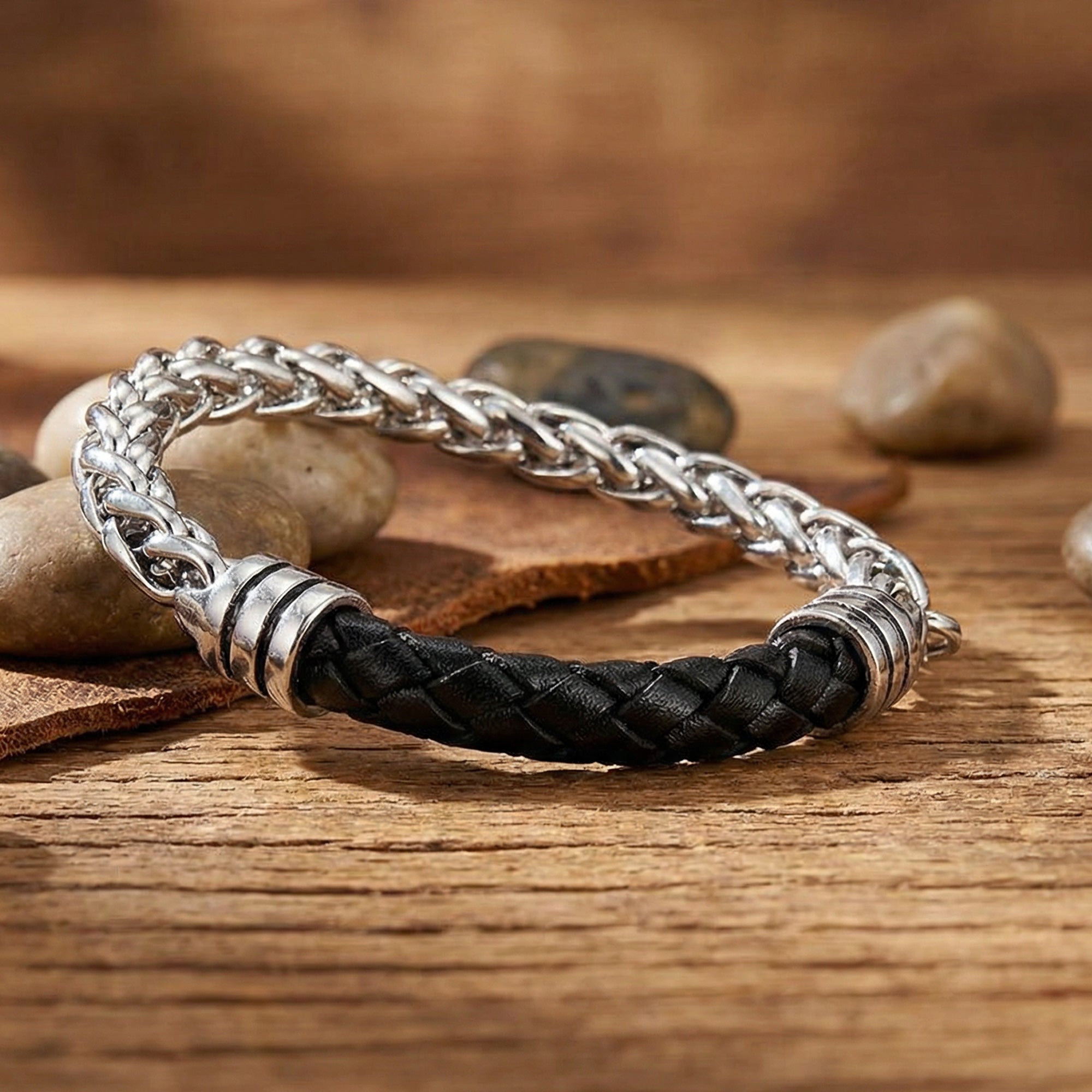 Maximan Midnight men's black leather steel chain bracelet laying on a wooden work bench