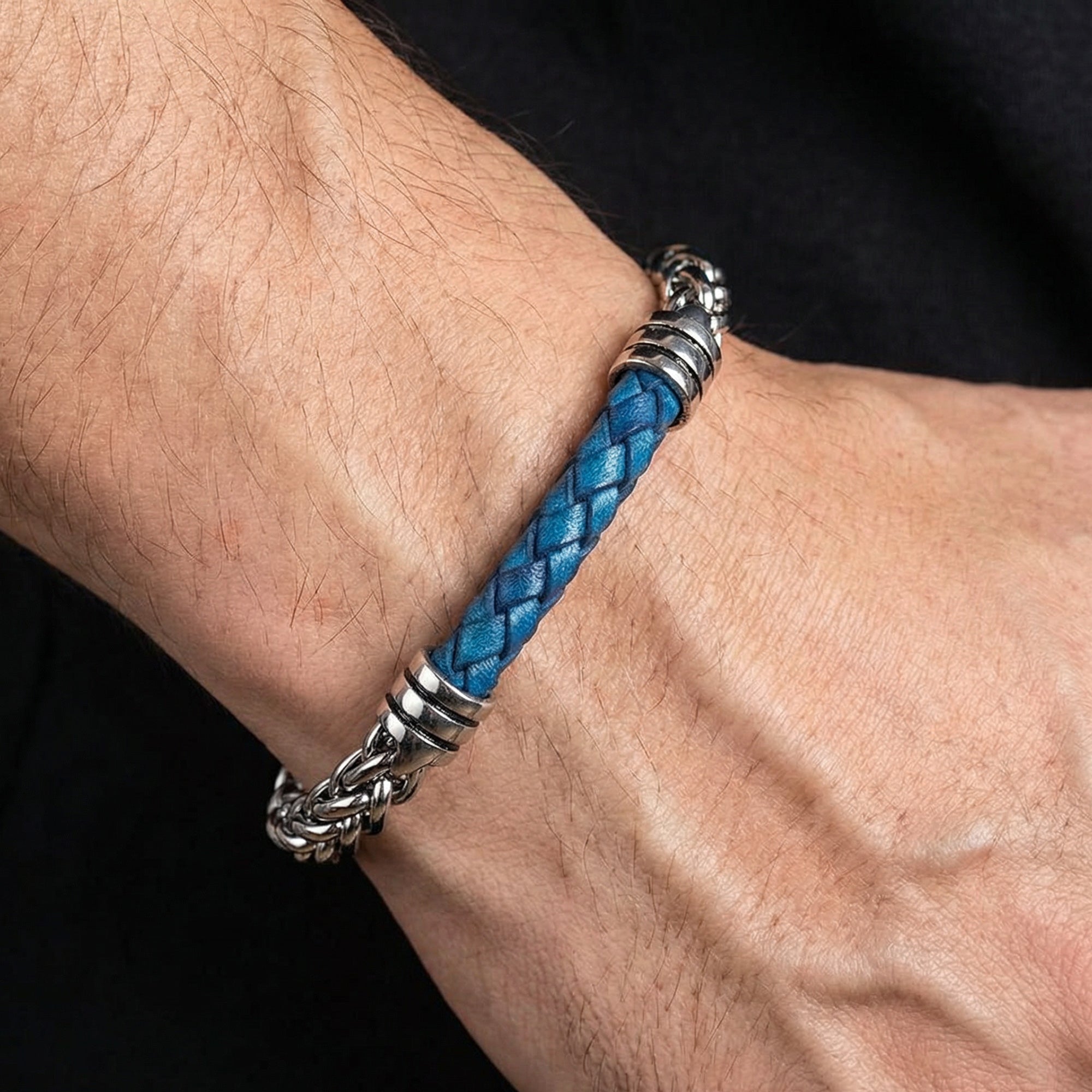 Man wearing  Maximan Daybreak men's blue leather steel chain bracelet