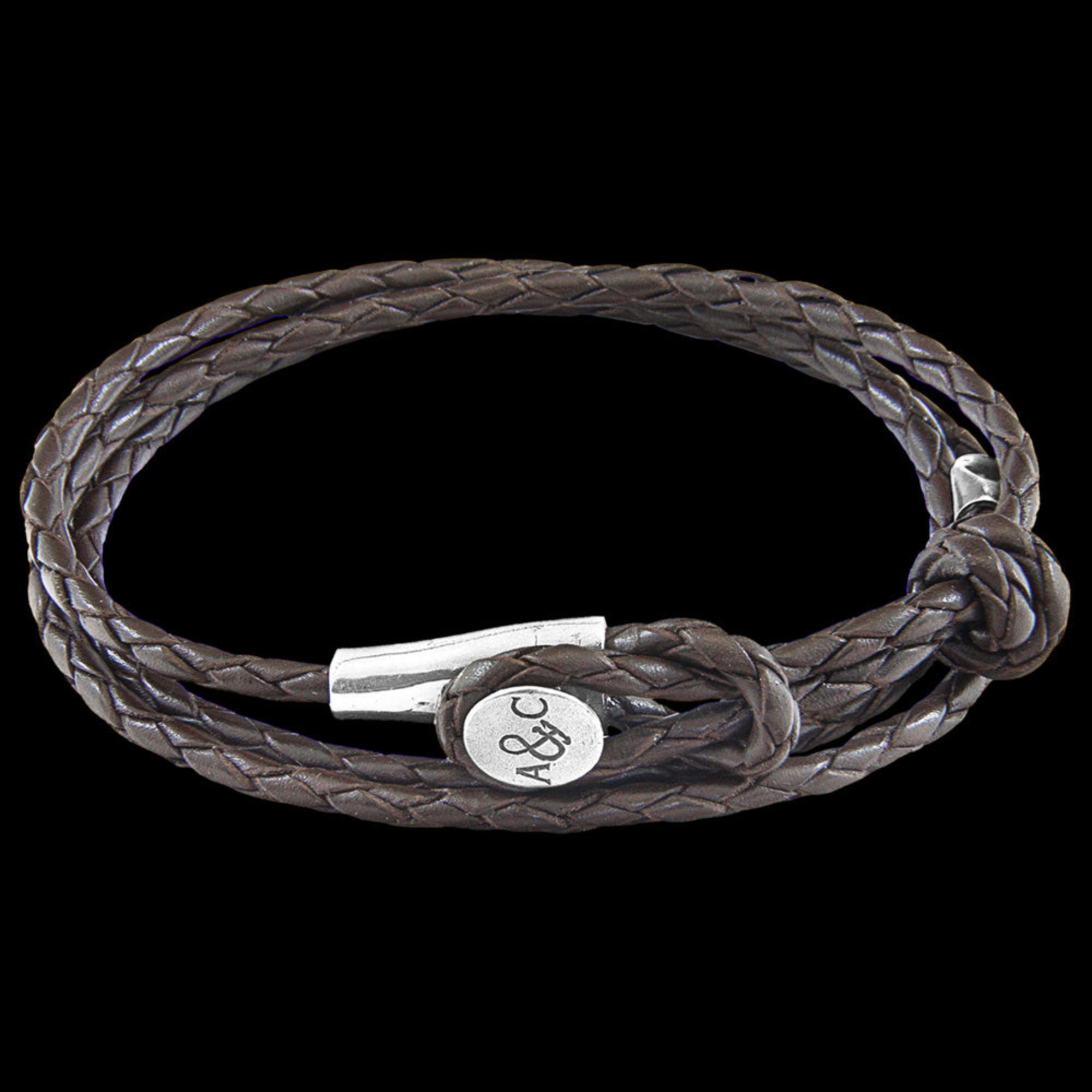 Anchor & Crew Dundee Sterling Silver Dark Brown Braided Leather Bracelet | Australia