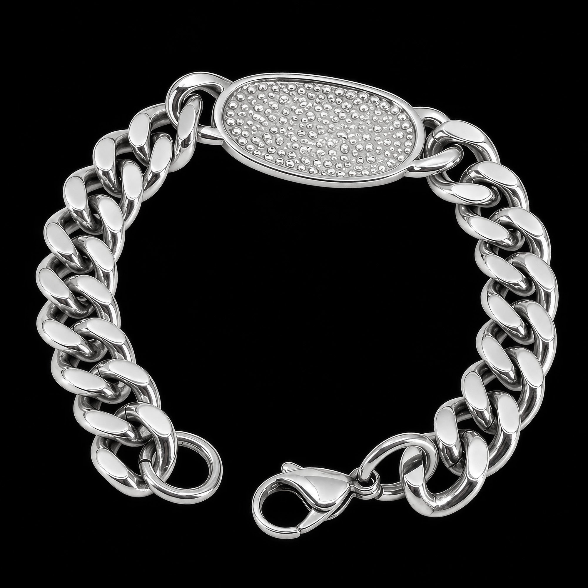 Back view of a caduceus Cuban link men's stainless steel bracelet.