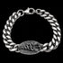 A caduceus Cuban link men's stainless steel bracelet showing secure clasp closure.