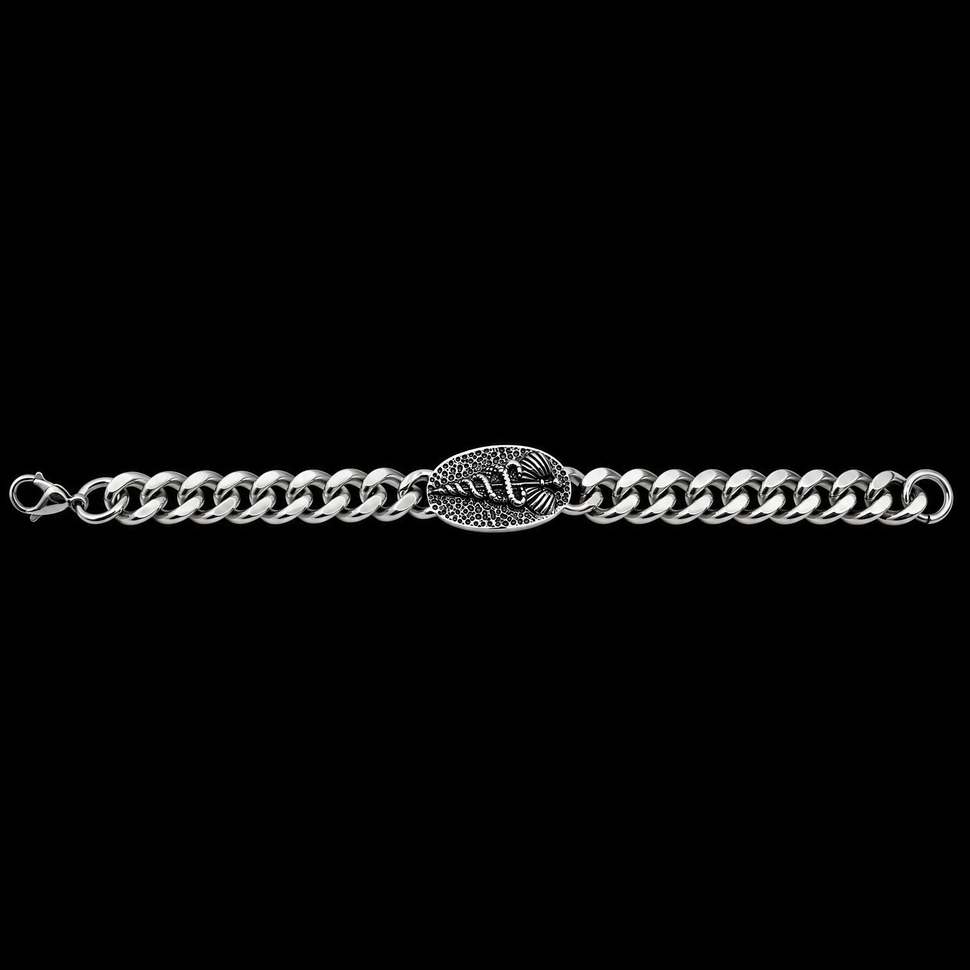 Full length view of a caduceus Cuban link men's stainless steel bracelet.