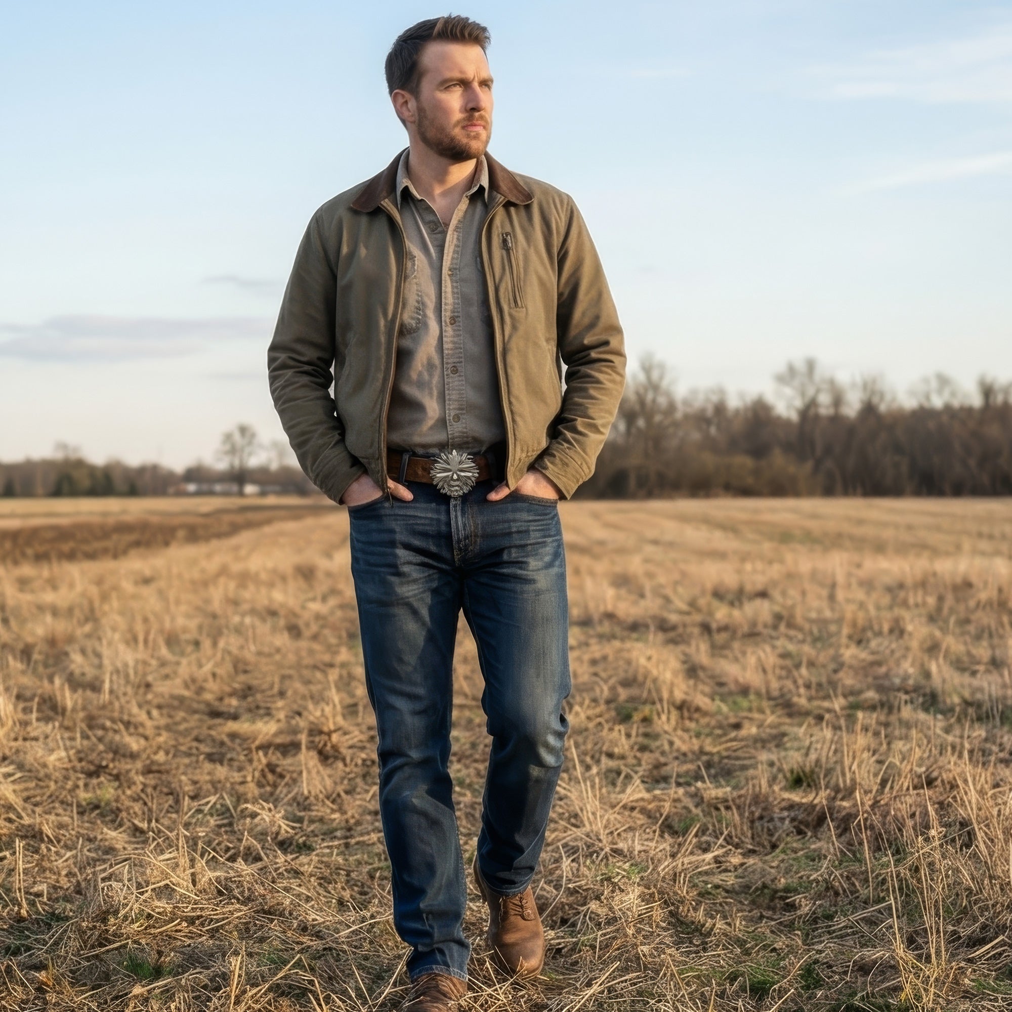 Man walking in a field wearing a belt with a Celtic green man face belt buckle.