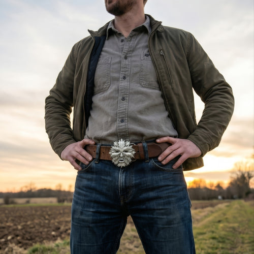 Man standing with hands on hips wearing a belt with a Celtic green man face belt buckle.