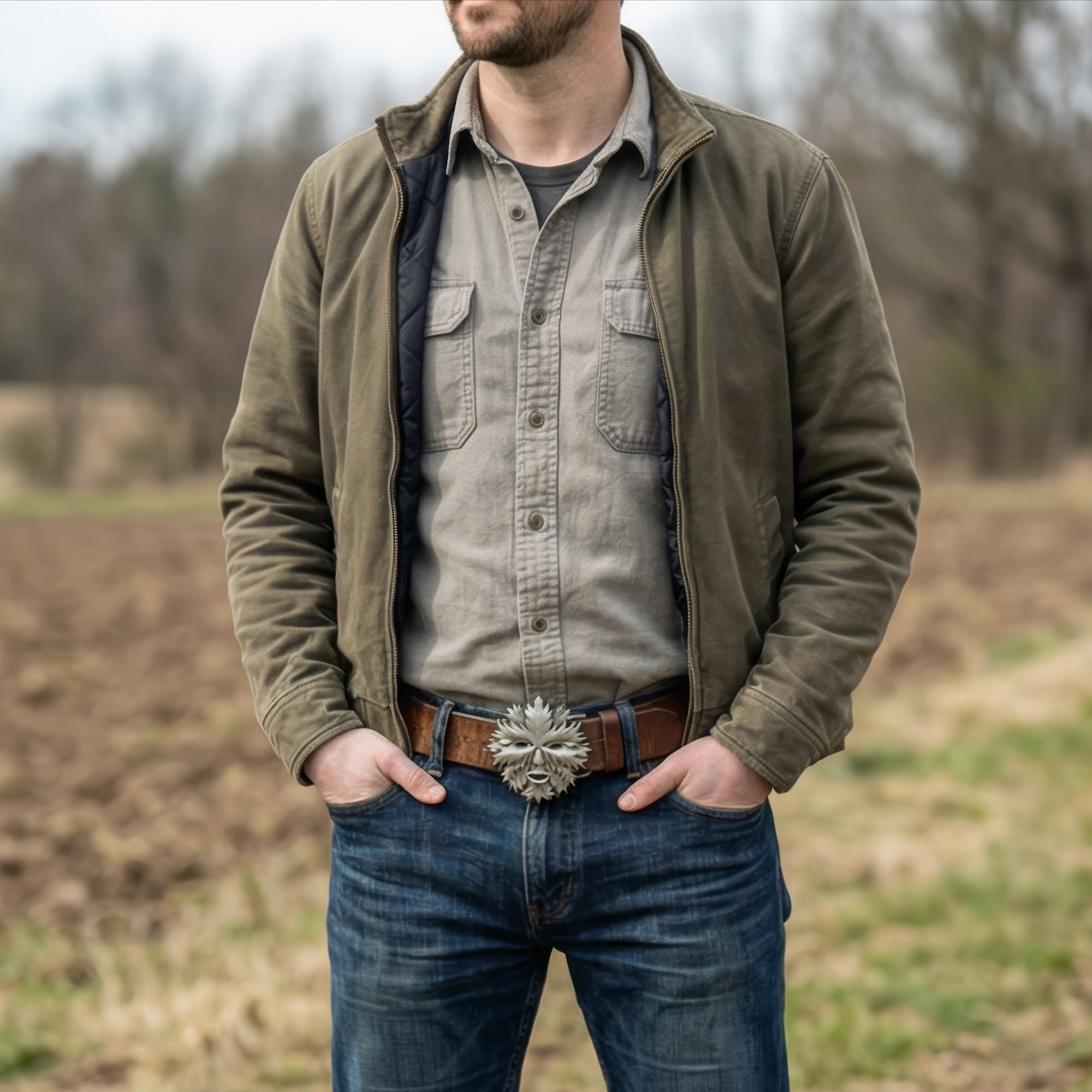 Man standing in a field with his hands in his pockets wearing a belt with a Celtic green man face belt buckle.