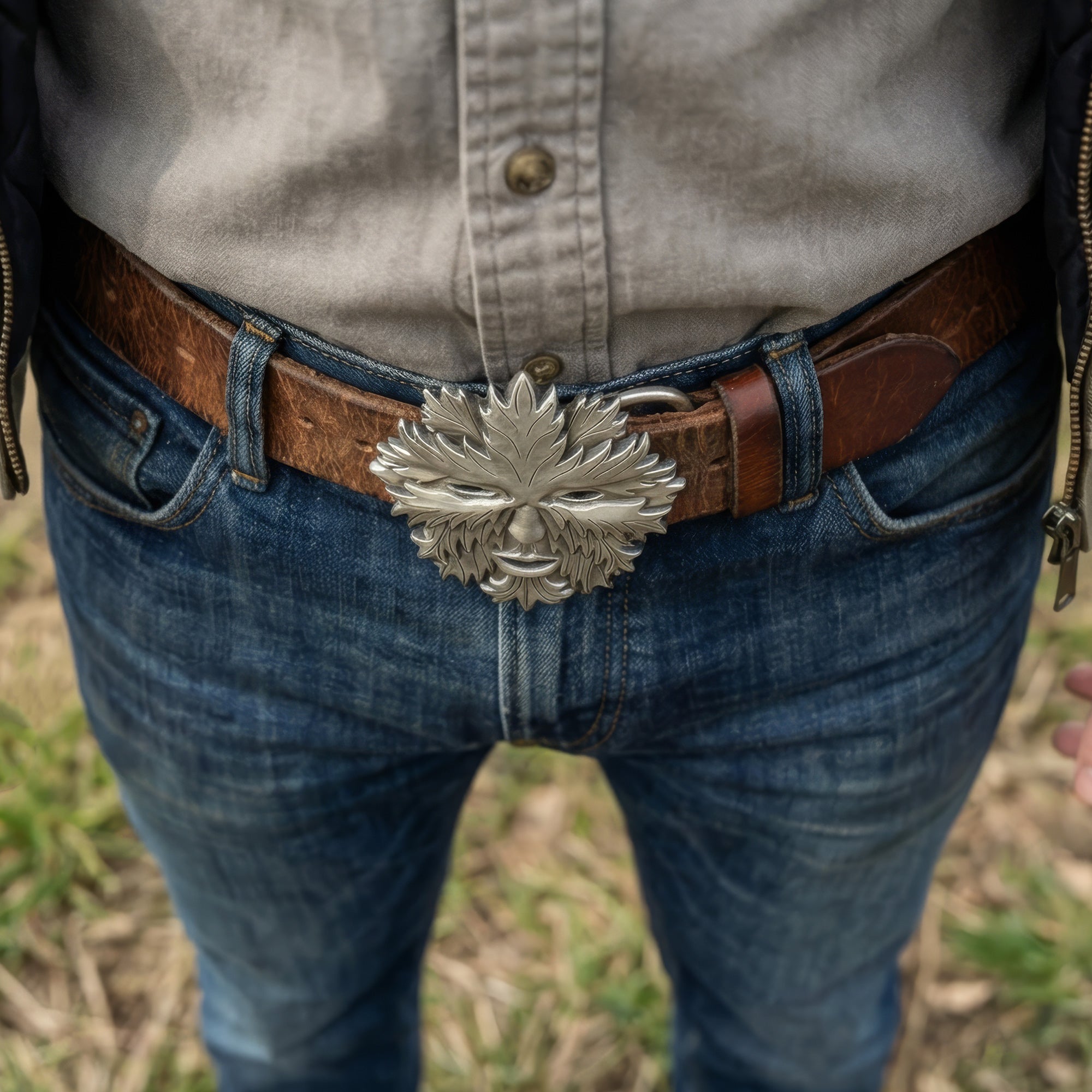 Downward close-up of a man's waist wearing a belt with a Celtic green man face belt buckle.