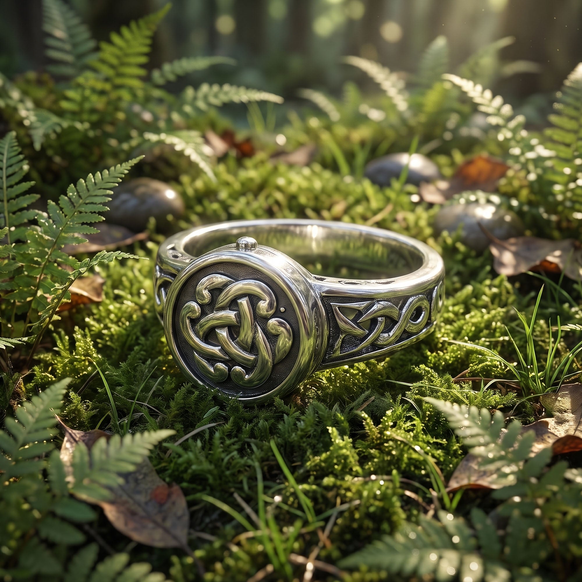 Celtic sterling silver poison ring laying on a forest floor.