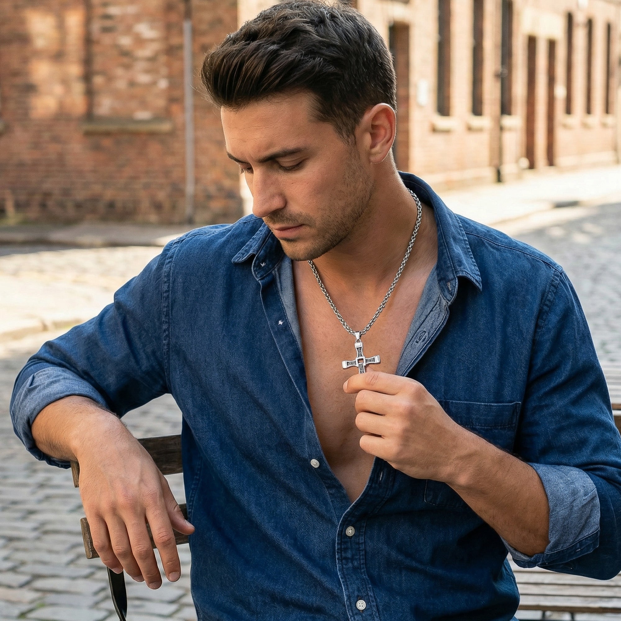Young man seated at outdoor table in blue denim shirt wearing celtic runes swivel cross stainless steel necklace.