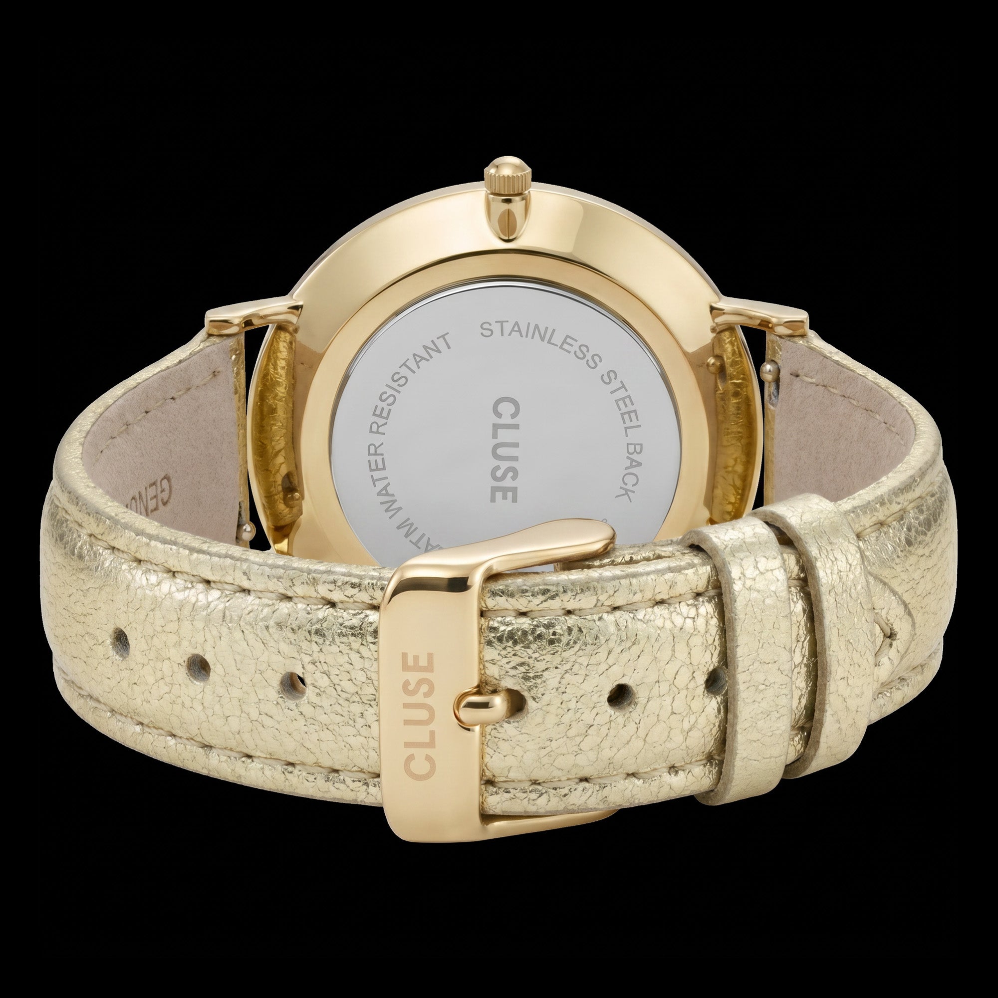 Back view of Cluse La Boheme gold white/gold metallic watch.