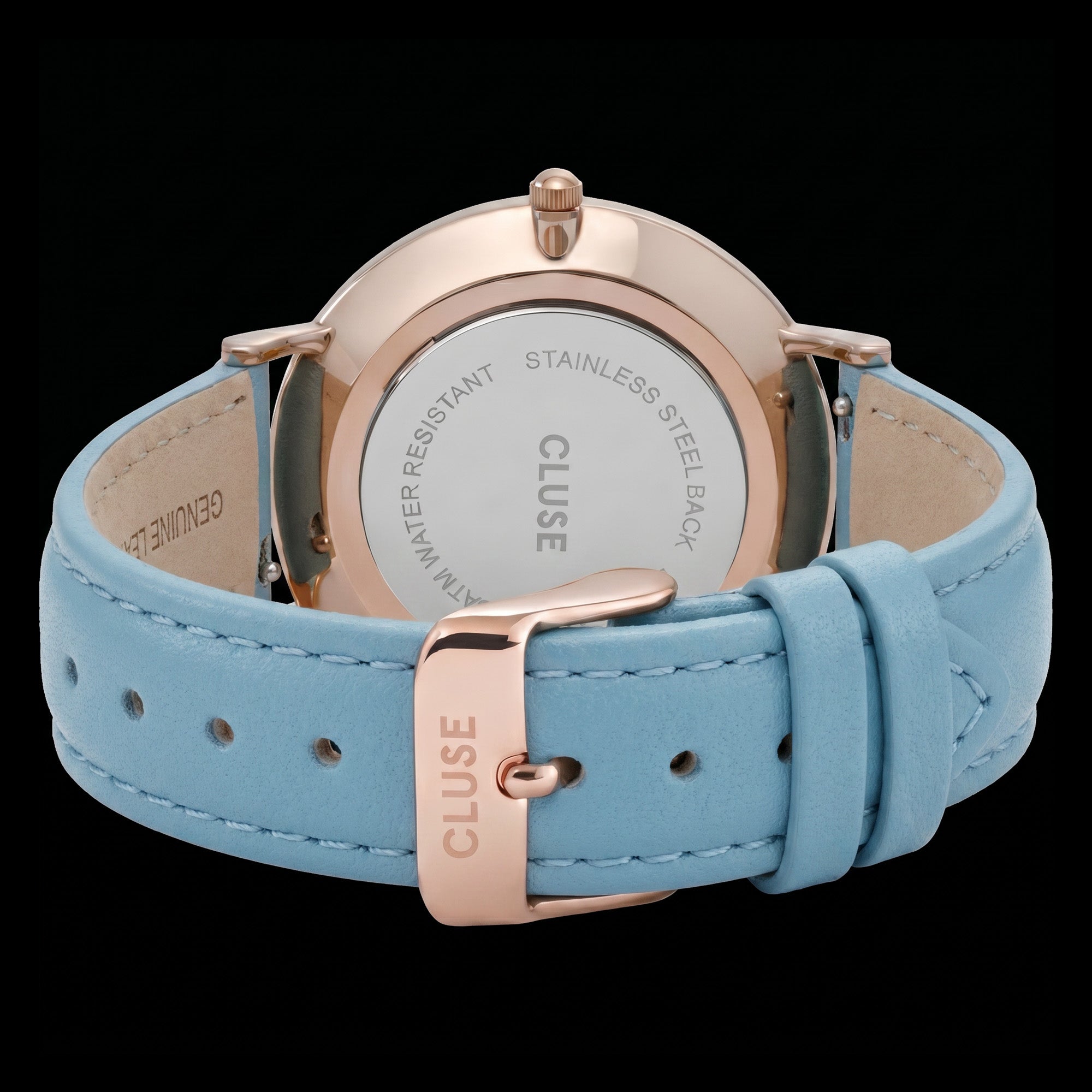 Back view of Cluse La Boheme rose gold white/pastel baby blue watch.