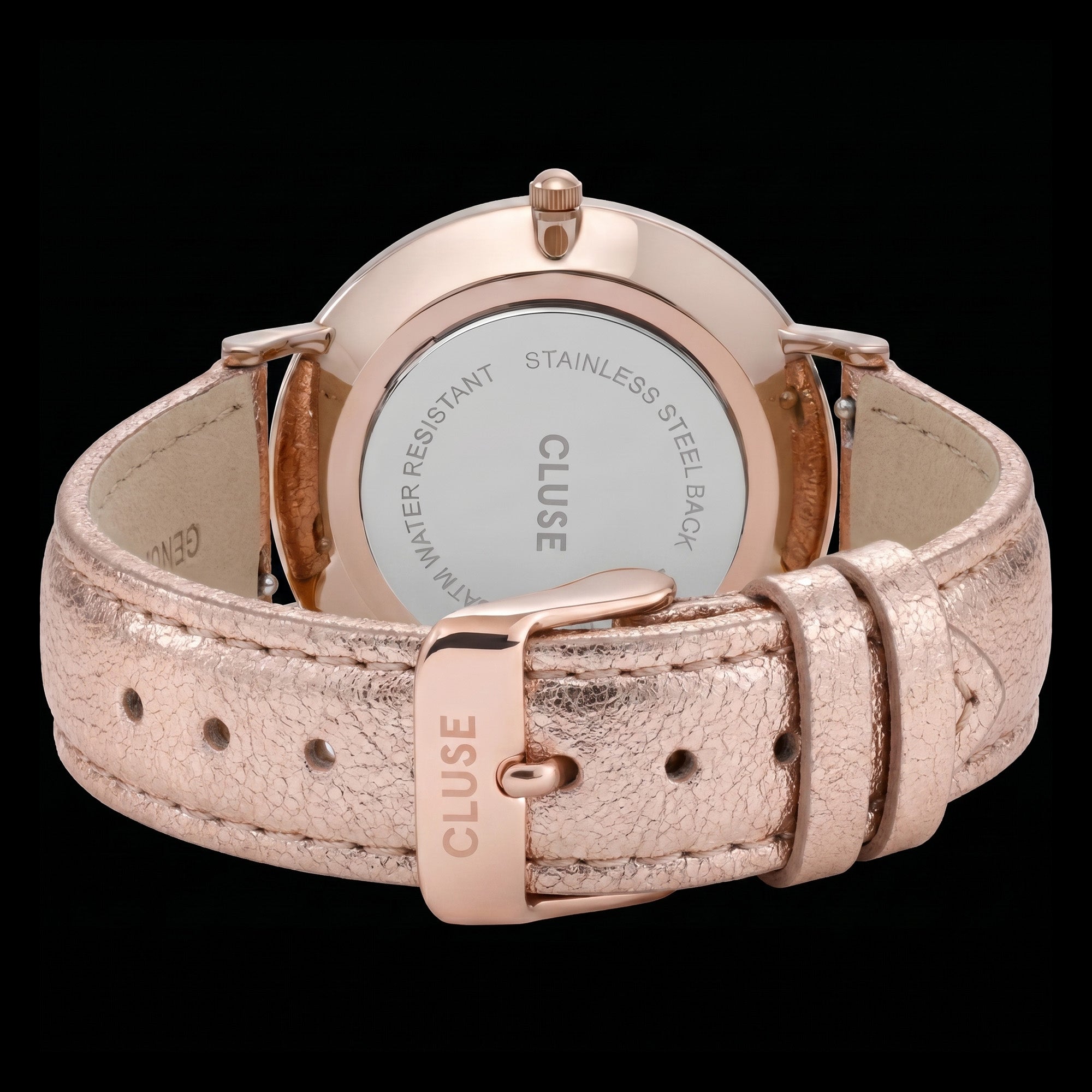 Back view of Cluse La Boheme rose gold white/rose gold metallic watch.