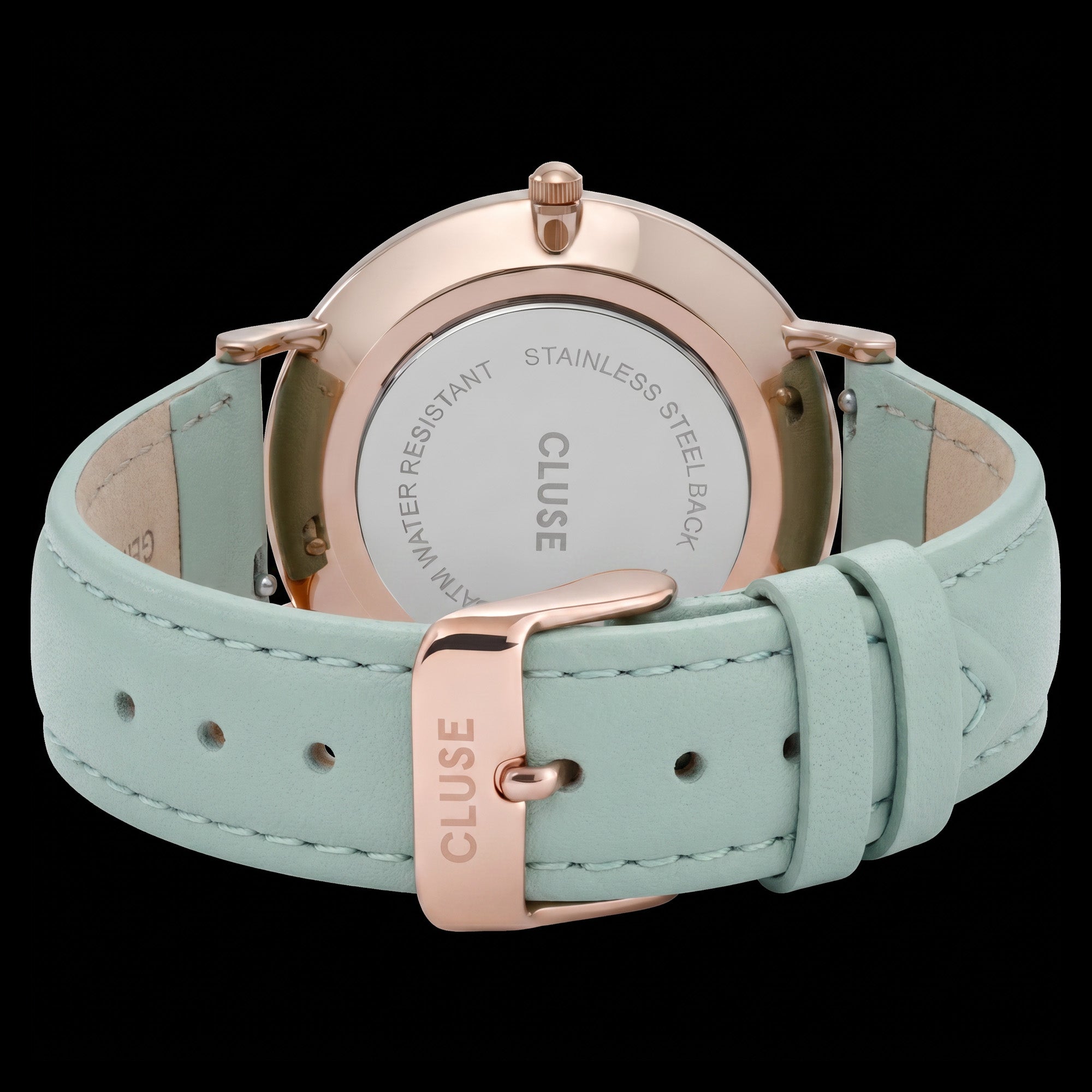 Back view of Cluse La Boheme rose gold white/pastel mint green watch.