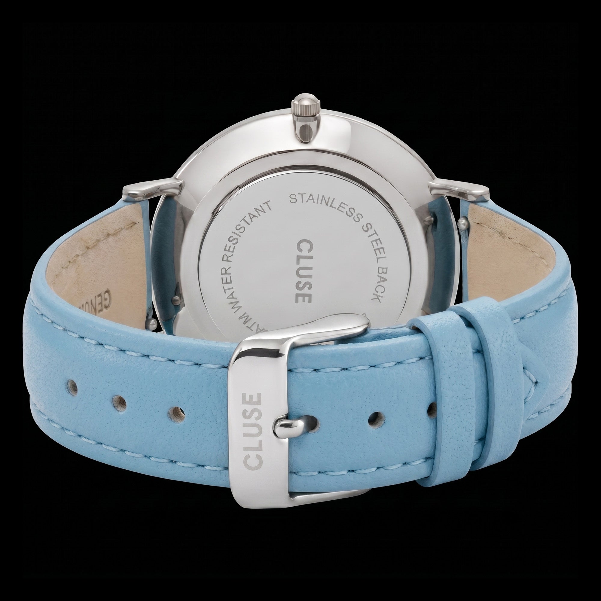 Back view of Cluse La Boheme silver black/pastel baby blue watch.