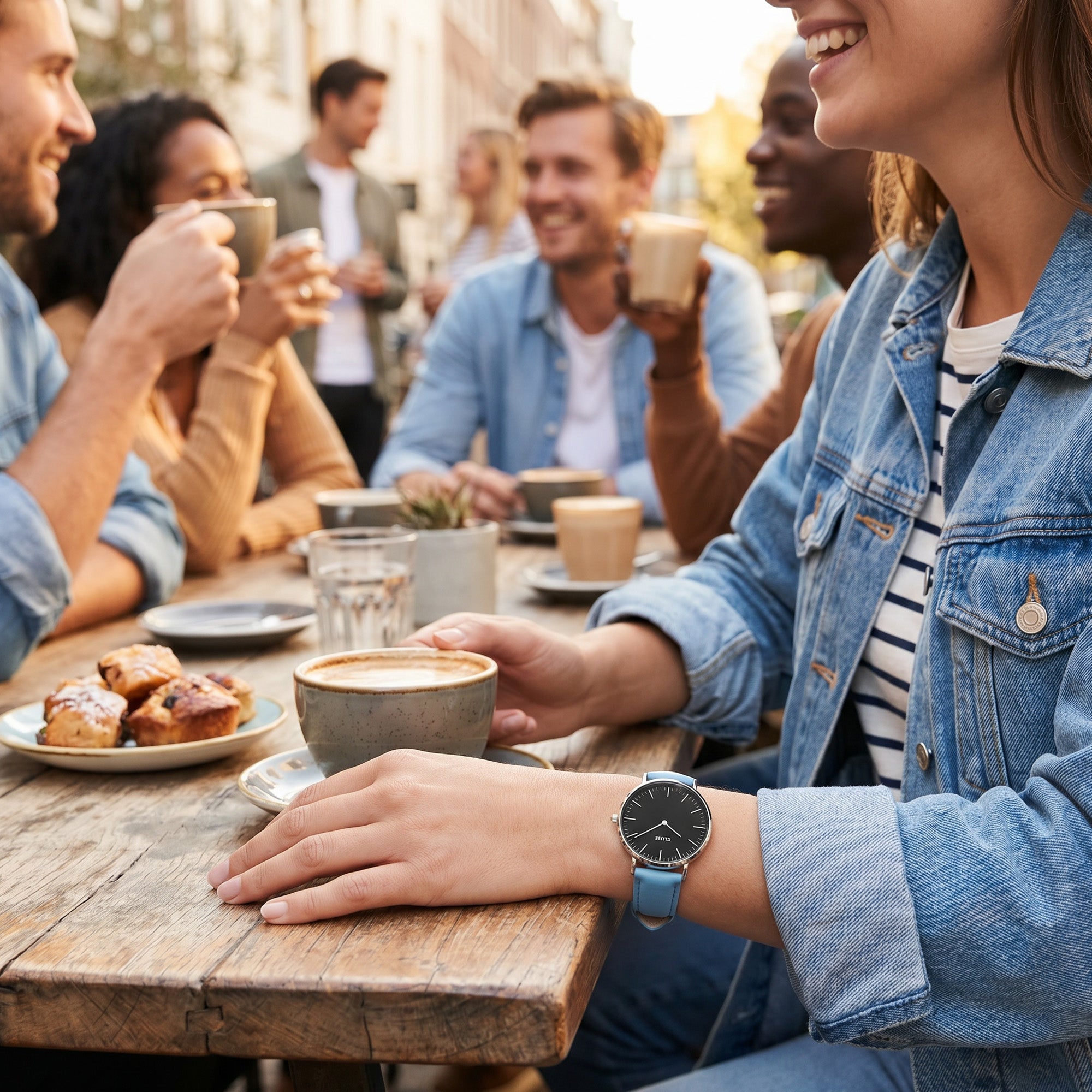 Woman wearing Cluse La Boheme silver black/pastel baby blue watch at an outdoor cafe.
