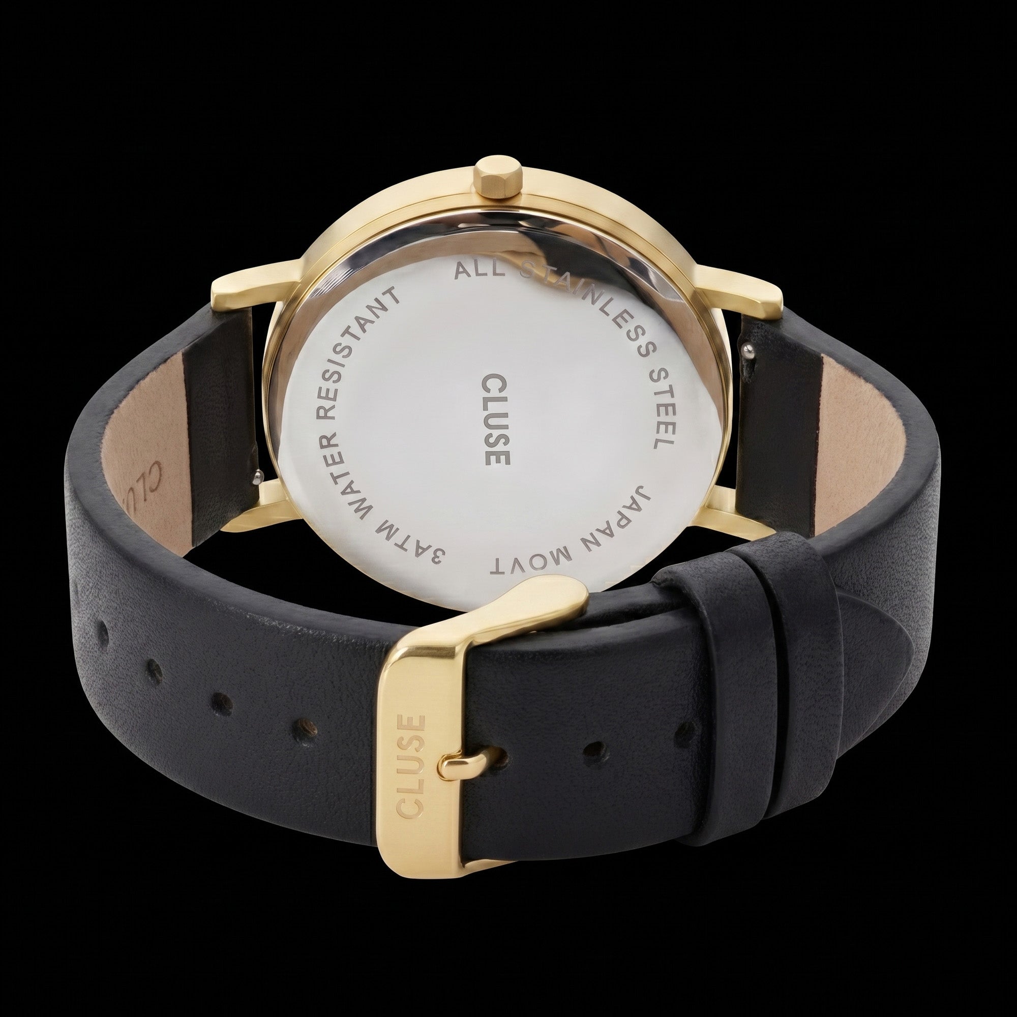 Back view of Cluse La Roche gold black marble/black watch.