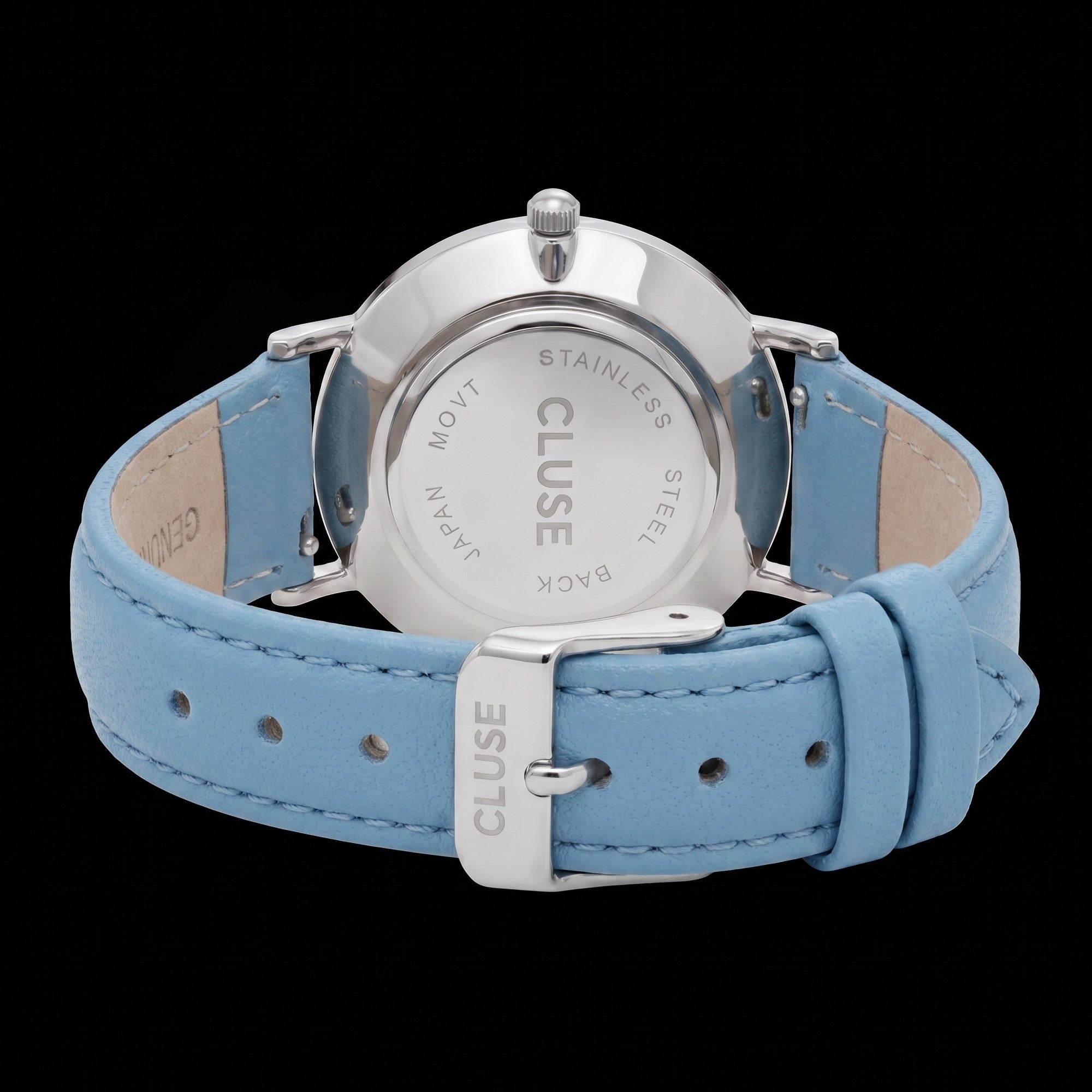 Back view of Cluse Minuit silver/white baby blue watch.