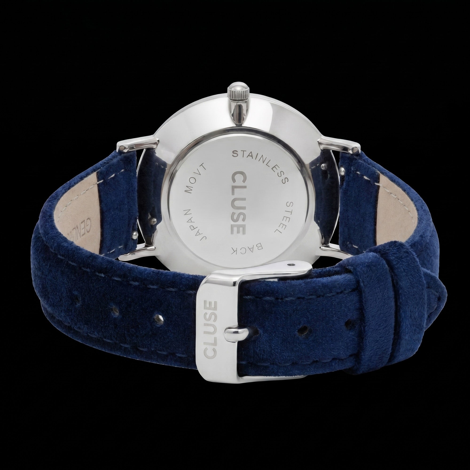 Back view of Cluse Minuit silver blue velvet limited edition watch.