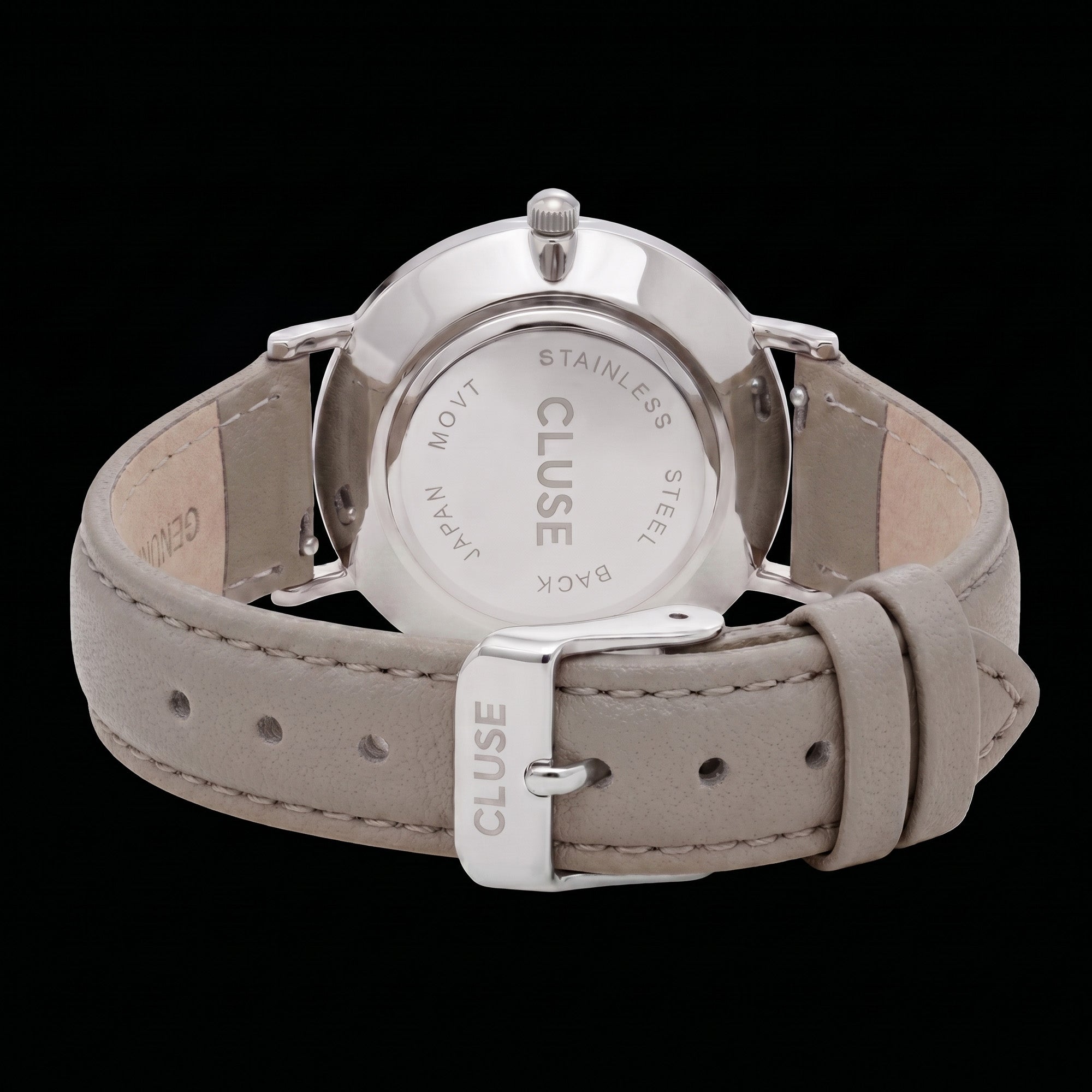 Back view of Cluse Minuit silver/white doe brown watch.