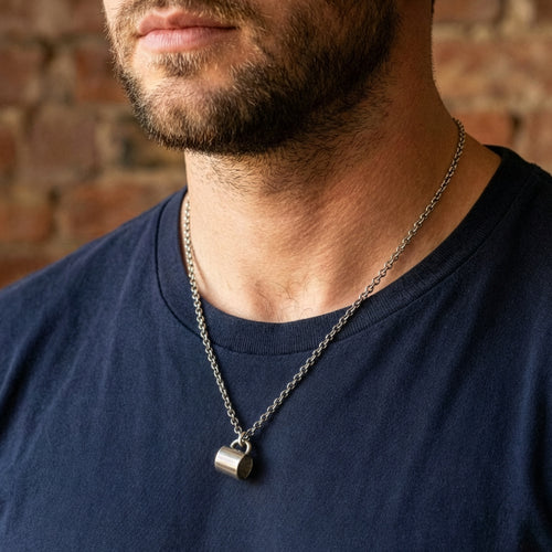 Man wearing Anchor & Crew coffee mug sterling sterling silver necklace.