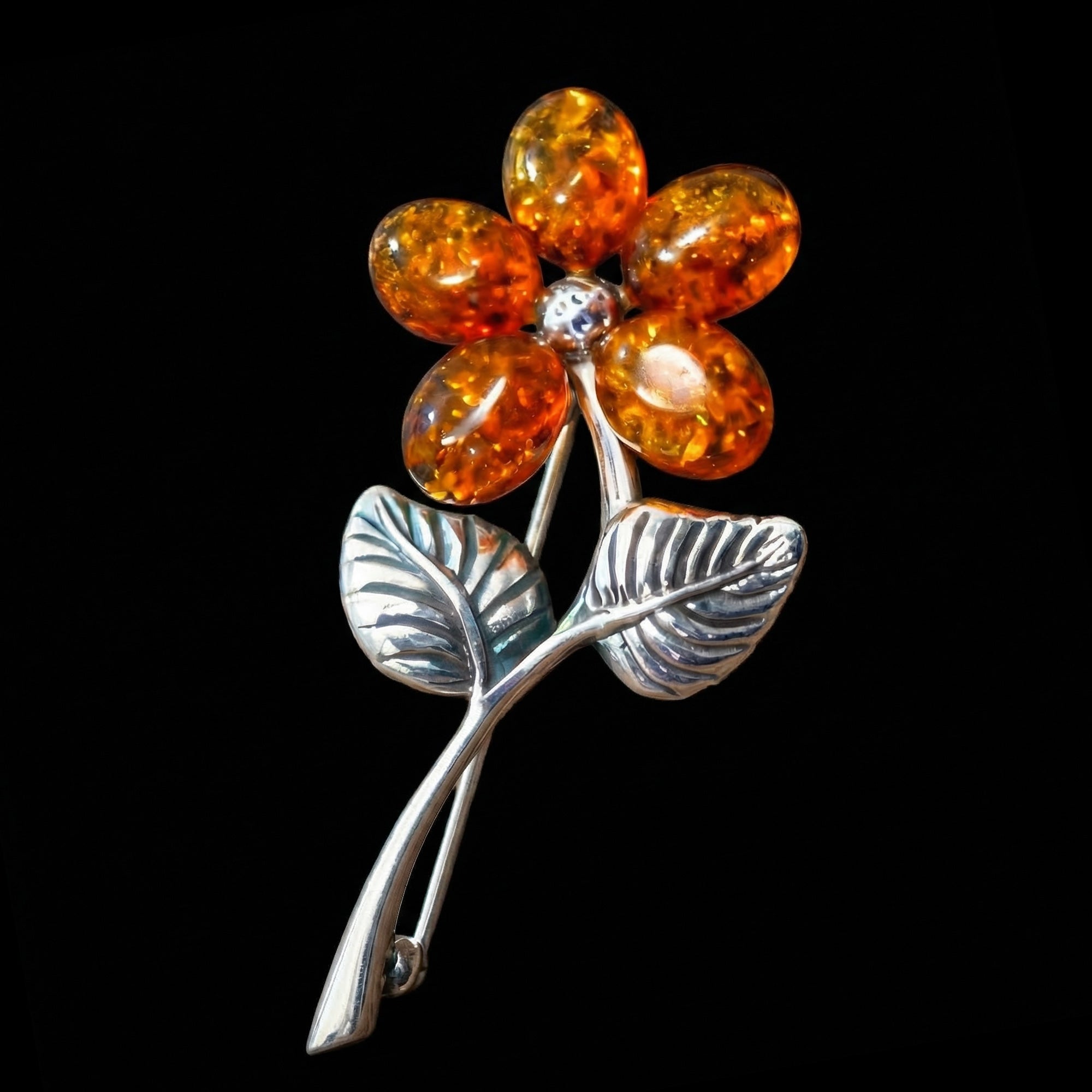 Cognac Baltic Amber Sterling Silver Flower Brooch | Australia