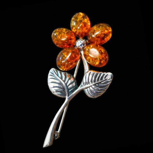 Cognac Baltic Amber Sterling Silver Flower Brooch | Australia