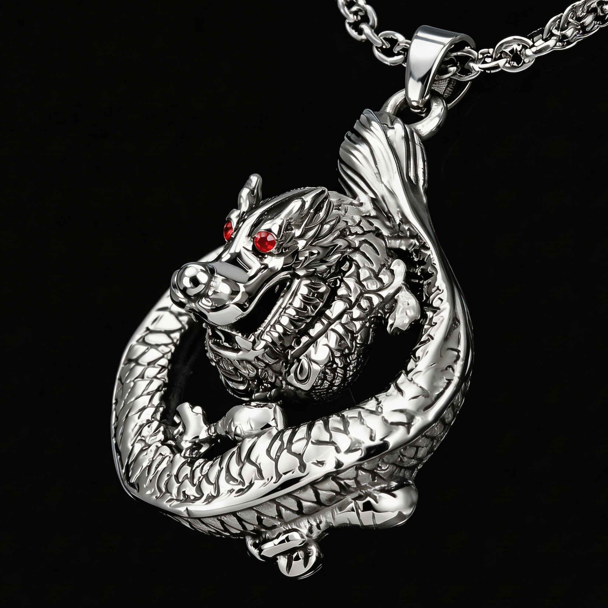 Side view of a coiled dragon stainless steel necklace.