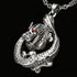 Side view of a coiled dragon stainless steel necklace.