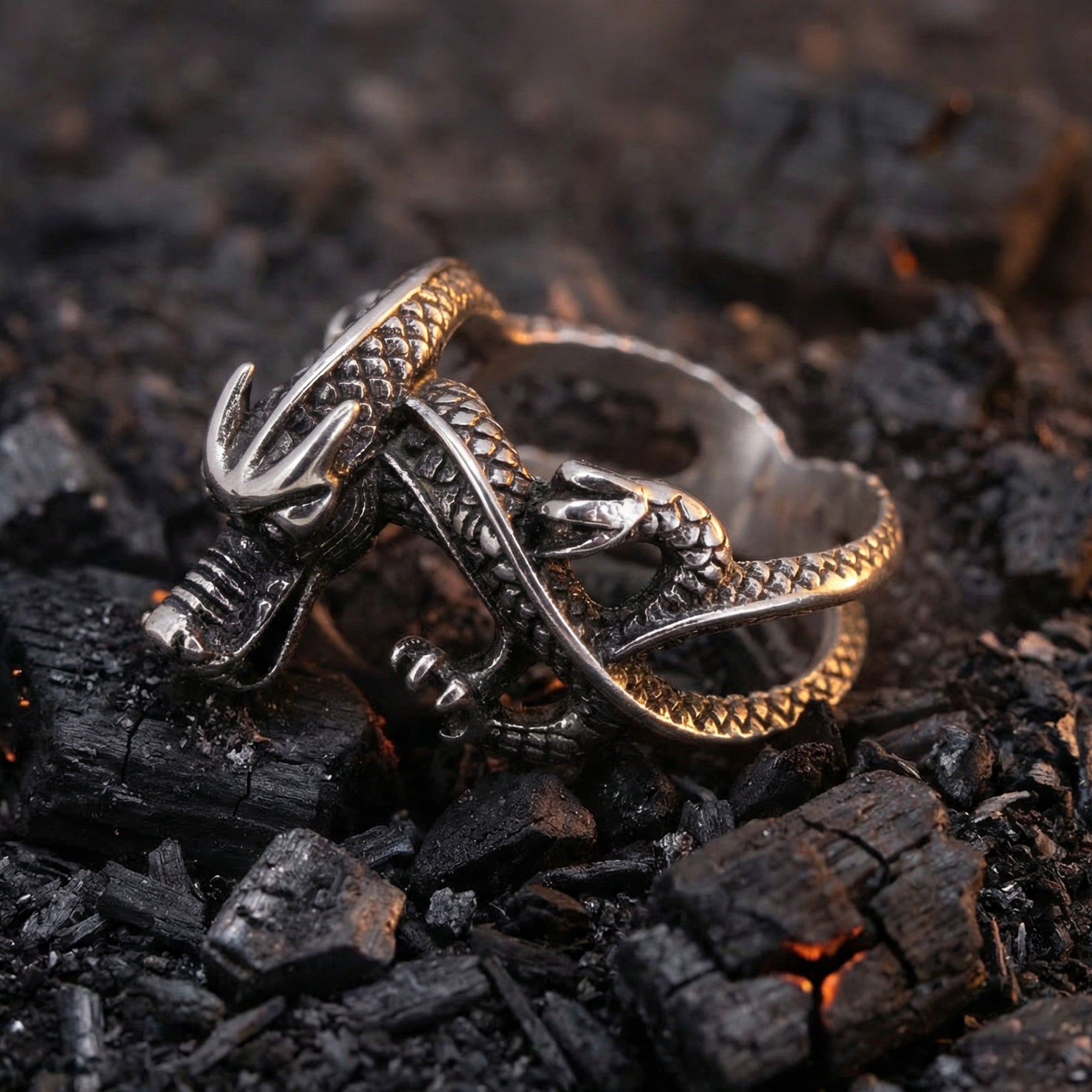Coiled dragon men's stainless steel ring on hot coals.