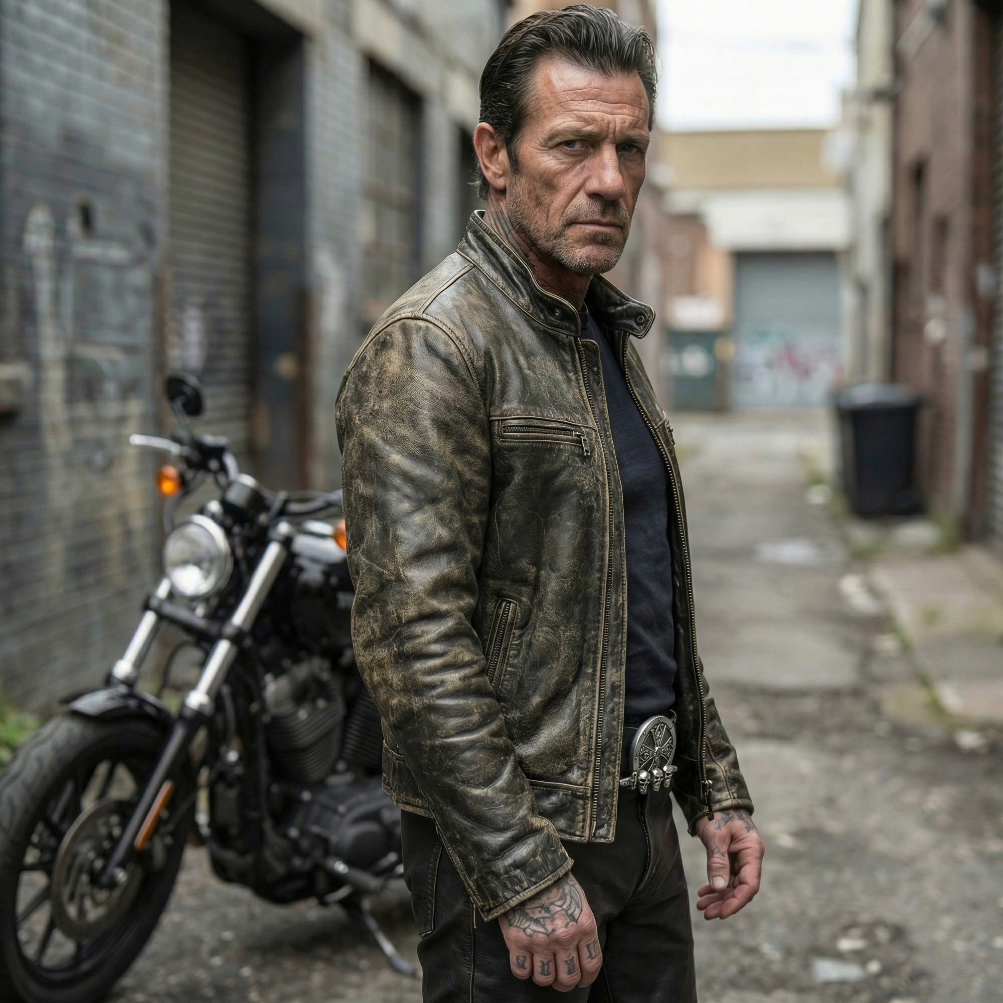 Biker man standing in a front of a motorcycle in an alleyway wearing a black leather belt with a Celtic cross shield, dagger and skull belt buckle.