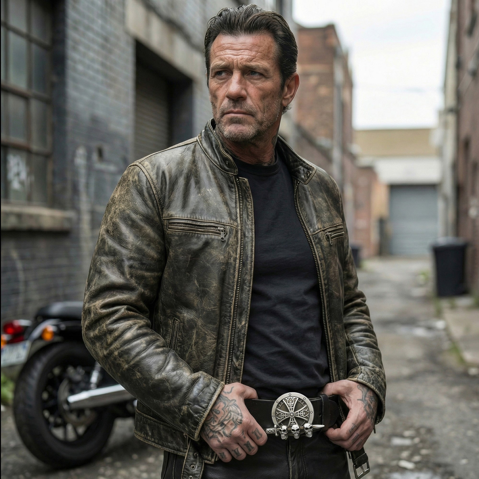 Biker man standing in an alleyway with his hands resting on his black leather belt with a Celtic cross shield, dagger and skull belt buckle.