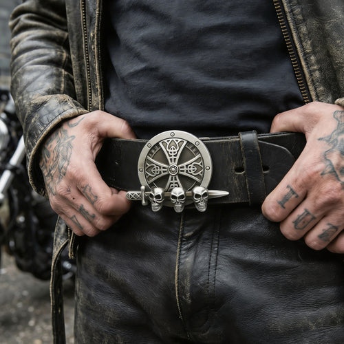 Close-up of a biker man's waist wearing a black leather belt with a Celtic cross shield, dagger and skull belt buckle.